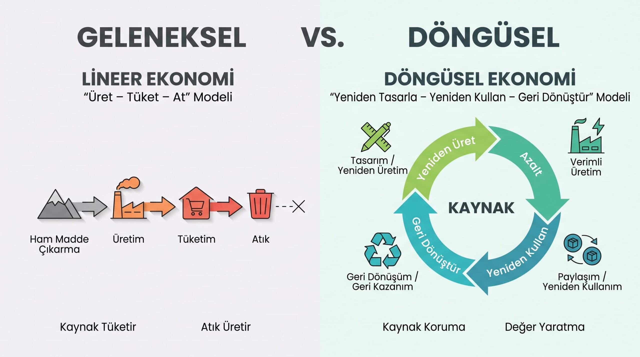Lineer ve Döngüsel İş Modelleri Karşılaştırma Şeması